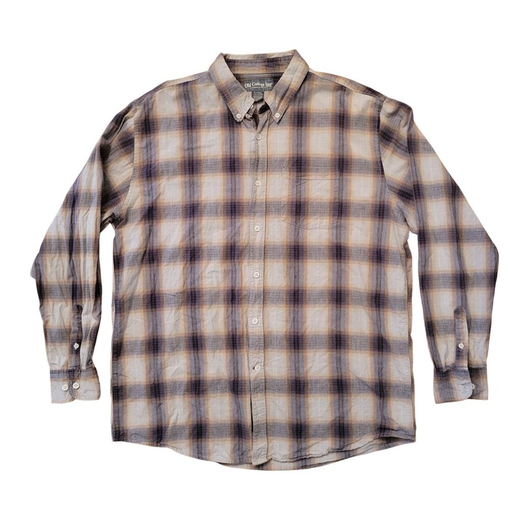 Old‎ College Inn XL Plaid Button Up Shirt Long Sleeve Cotton Beige Blue
